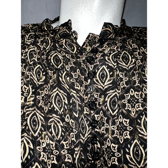 ZARA Size XS Black Brown Gold Metallic Balloon Sleeve Button Front Shirt Dress - Picture 3 of 10